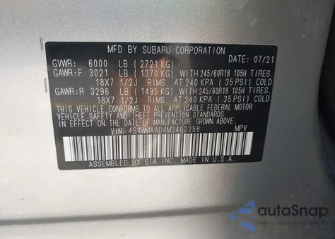 2021 Subaru Ascent from USA, damaged, VIN 4S4WMAAD4M3462258
